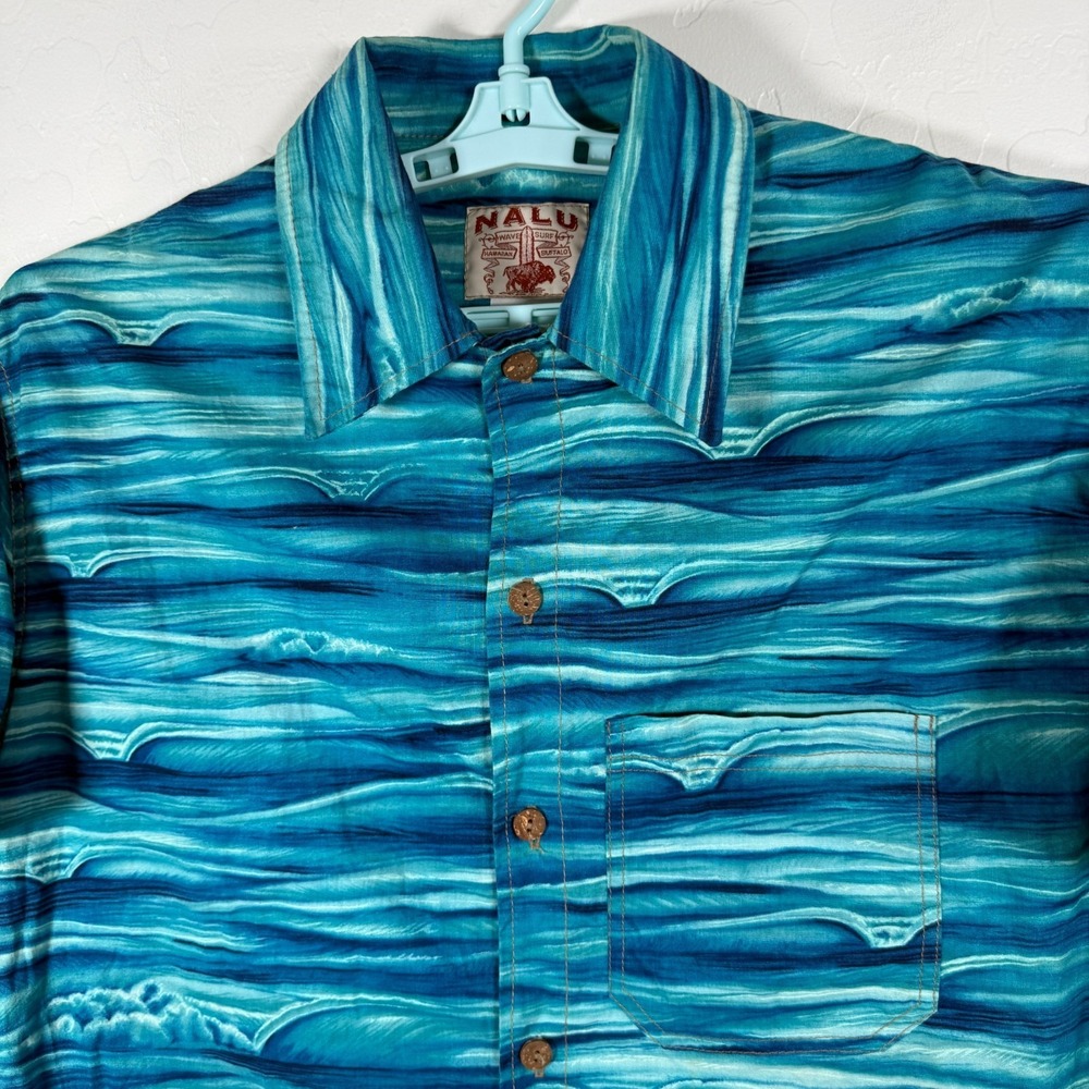 Vintage Nalu Shirt Mens Large Blue Hawaiian Camp Wave Surf‎ Ocean Buffalo